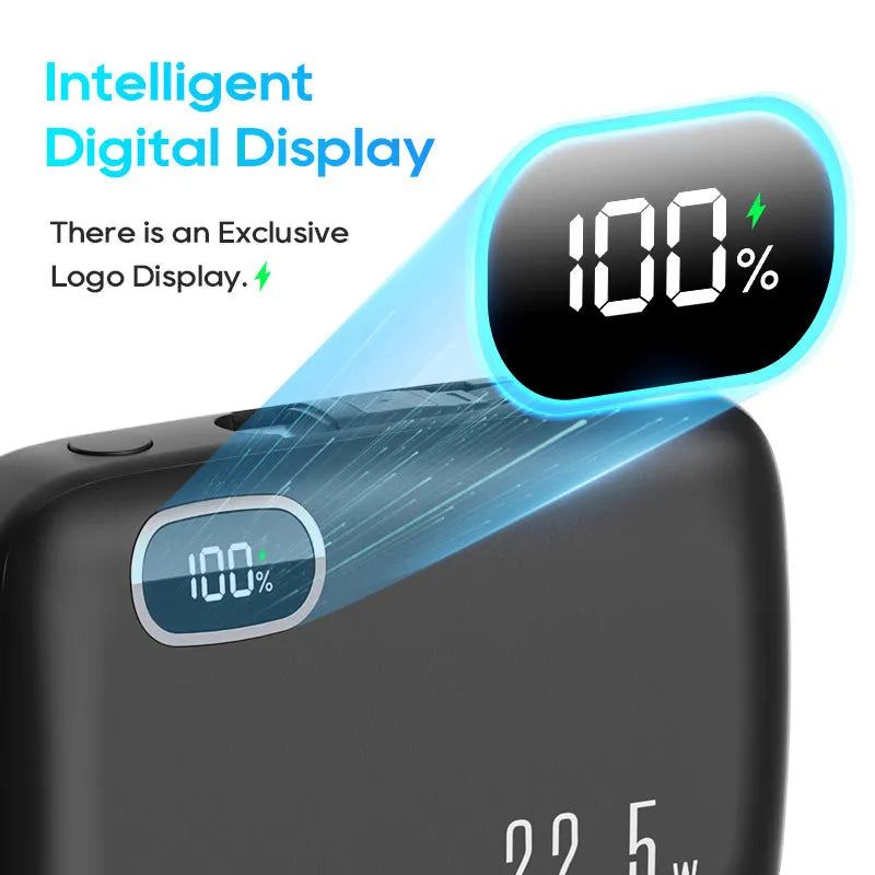 PD22.5W fast charging power bank with digital display, 10000mAh, black plastic shell, includes cable