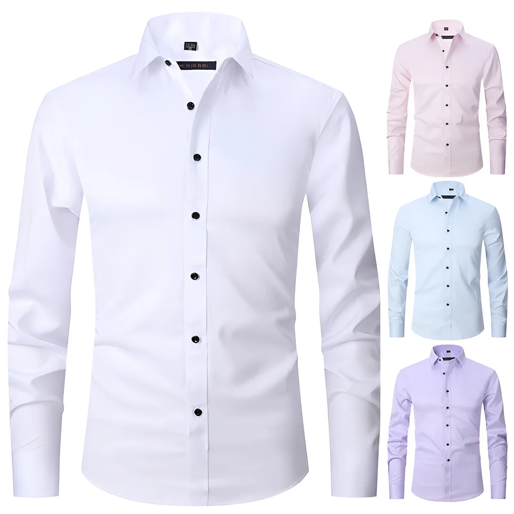Men's long-sleeved slim fit solid colour stretch shirt with polyester blend fabric, cardigan style, available in multiple colours