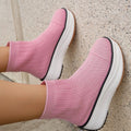 Women's knitted ankle boots in pink with thick sponge sole and flat heel, available in sizes 36-42