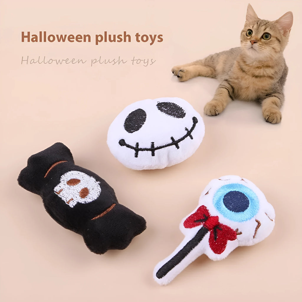 Small plush cat teaser wand with colourful candy design dangling attachment