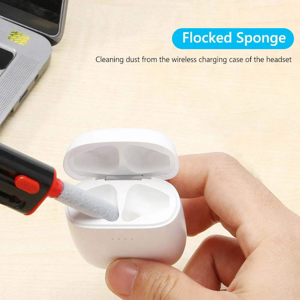 White and red cleaning pen for AirPods Pro with metal pick, brush, and sponge heads.