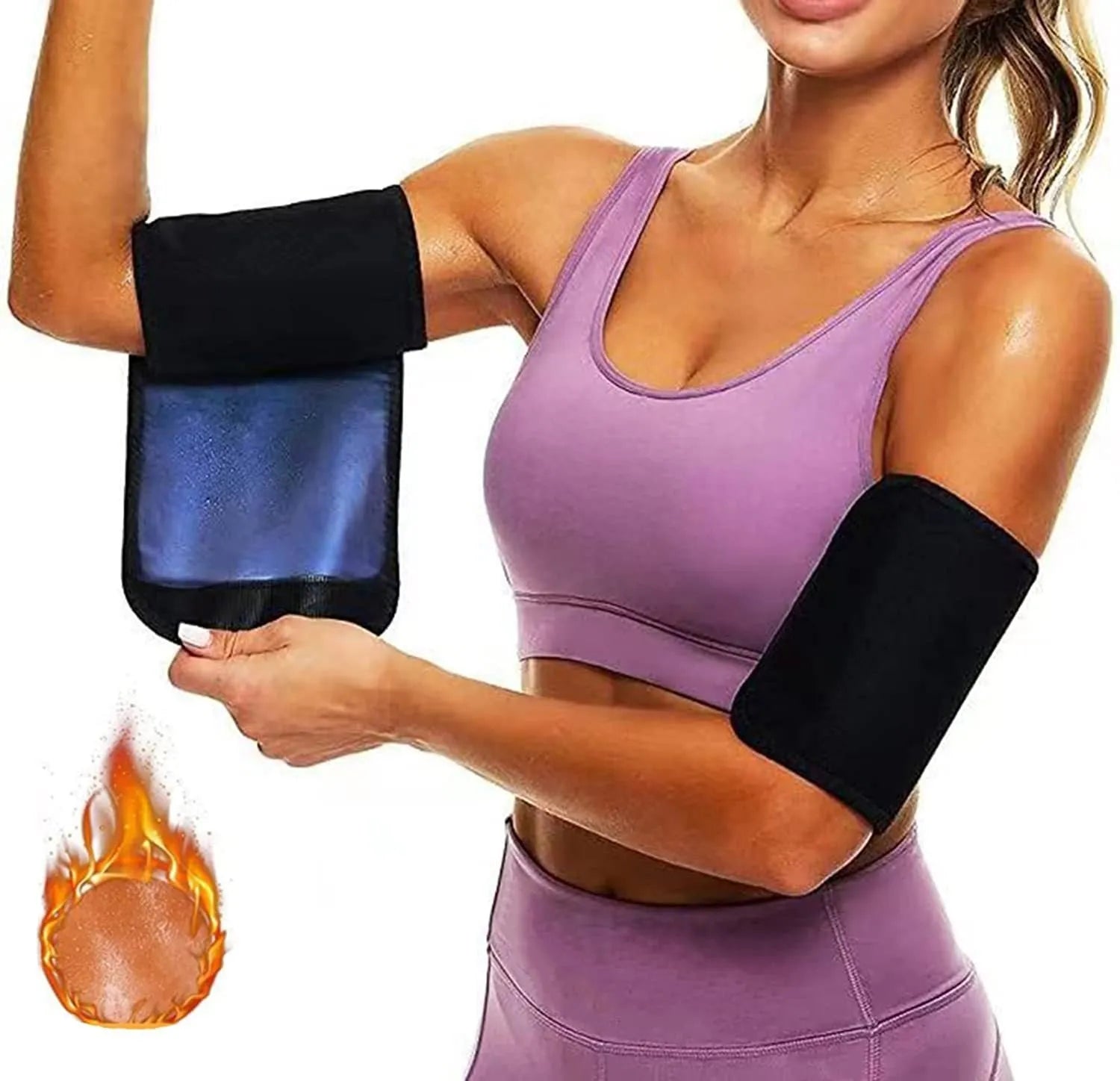 Adjustable neoprene sports armband with buckle, shown in blue, secured on an arm during exercise.