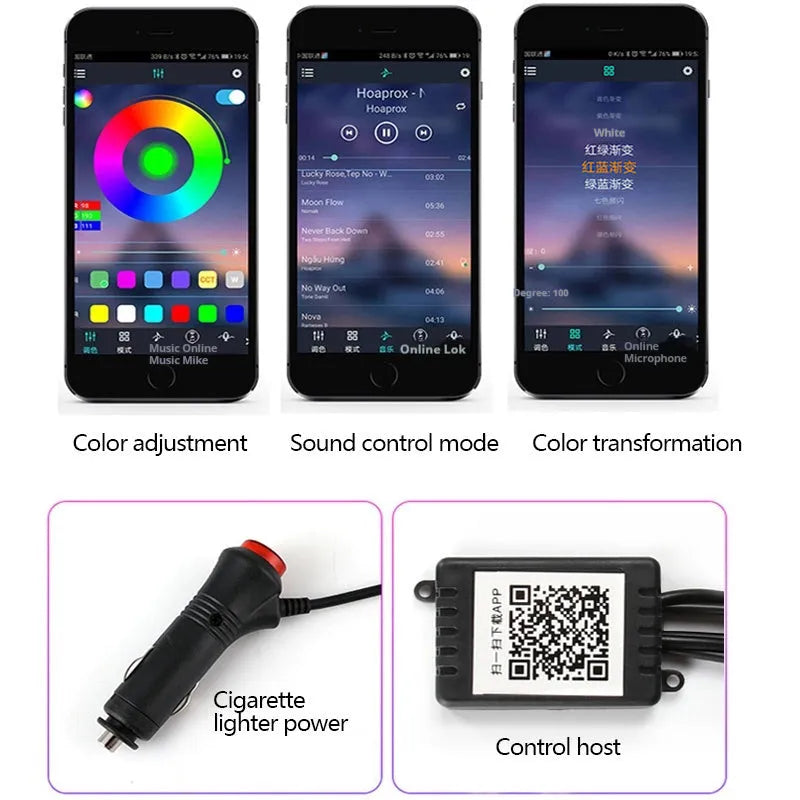 Car fiber optic ambient light strip showing RGB colours on a car door panel and dashboard