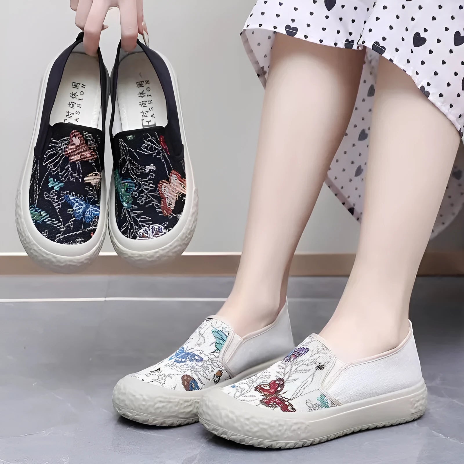 Old Beijing women's canvas slip-on shoes with plastic soles in black and white colours