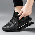 Black mesh mechanical running shoes with a buckle fastening and a mid-top design on an EVA rubber sole.