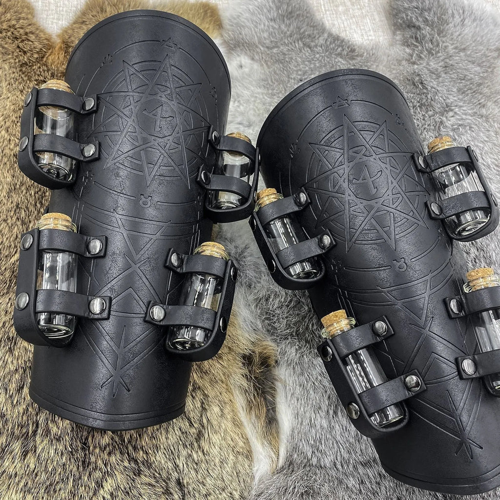 Medieval alchemy bottle wristband in black PU leather on wrist against dark background