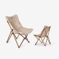 Folding camping chair with wood grain aluminium frame, rotating seat, and handrails in khaki colour