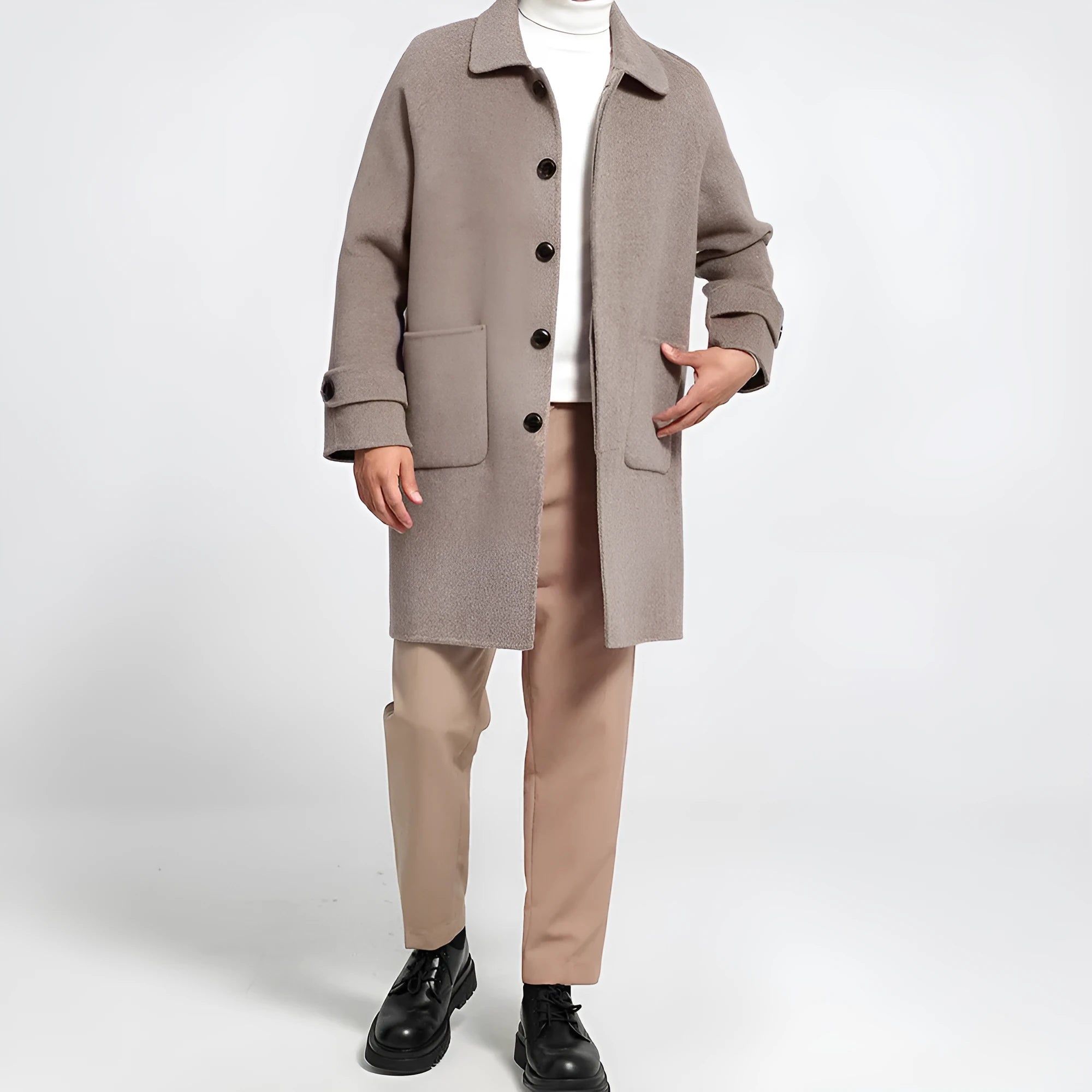 Men's reversible wool coat in black, single-breasted mid-length baggy fit with wool lining
