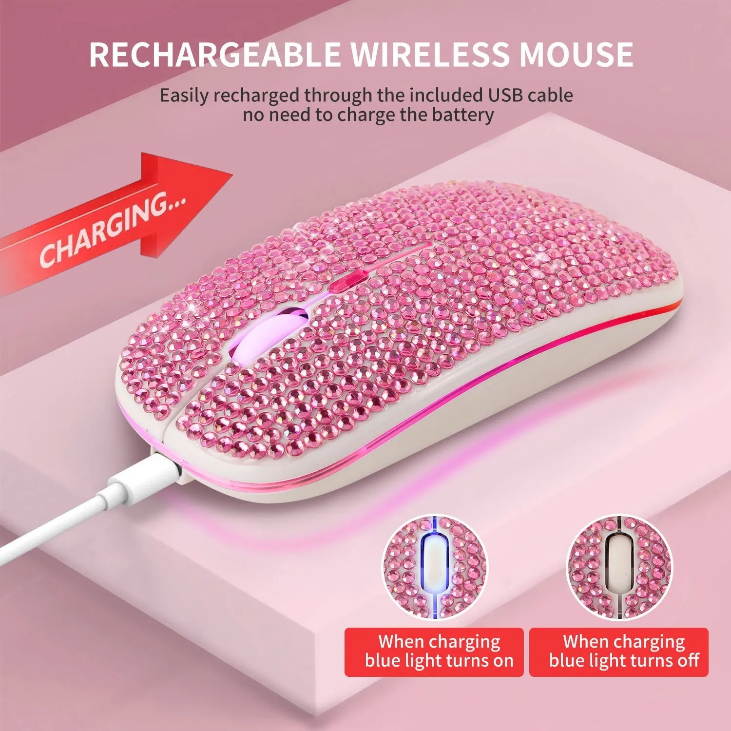 Office rechargeable mute crystal rhinestone mouse with USB receiver, pink colour, 113x60x20mm size