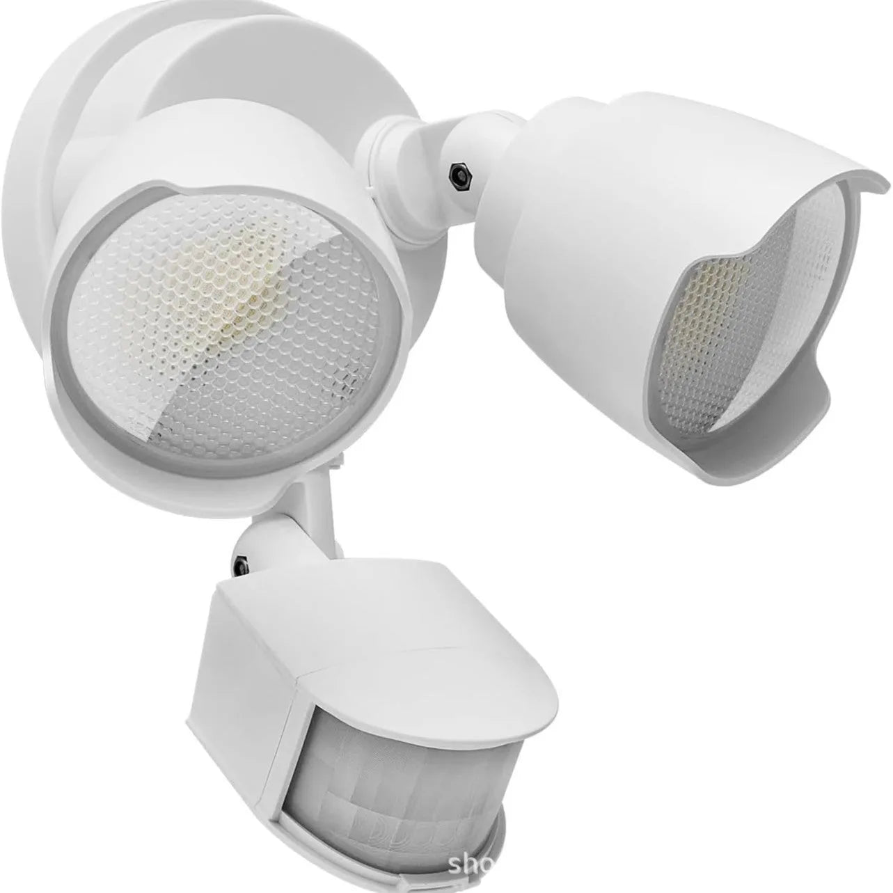 White outdoor LED security flood light with PIR motion sensor mounted on a wall beside a garage door.