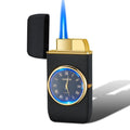 Black brushed zinc alloy watch-style windproof torch lighter with integrated light and butane refillable fuel, 76x38x155mm