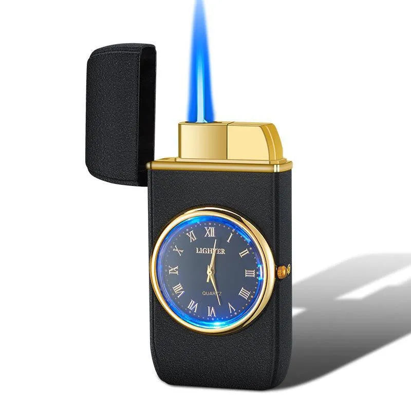 Black brushed zinc alloy watch-style windproof torch lighter with integrated light and butane refillable fuel, 76x38x155mm