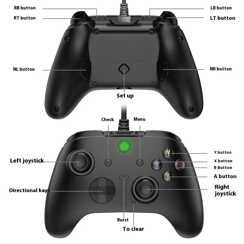 Six-in-one wired game controller with macro programming for PC and PS in black