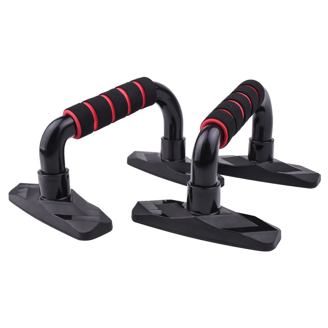 A pair of I-shaped black push up bars with blue PP sponge grips on a grey floor.