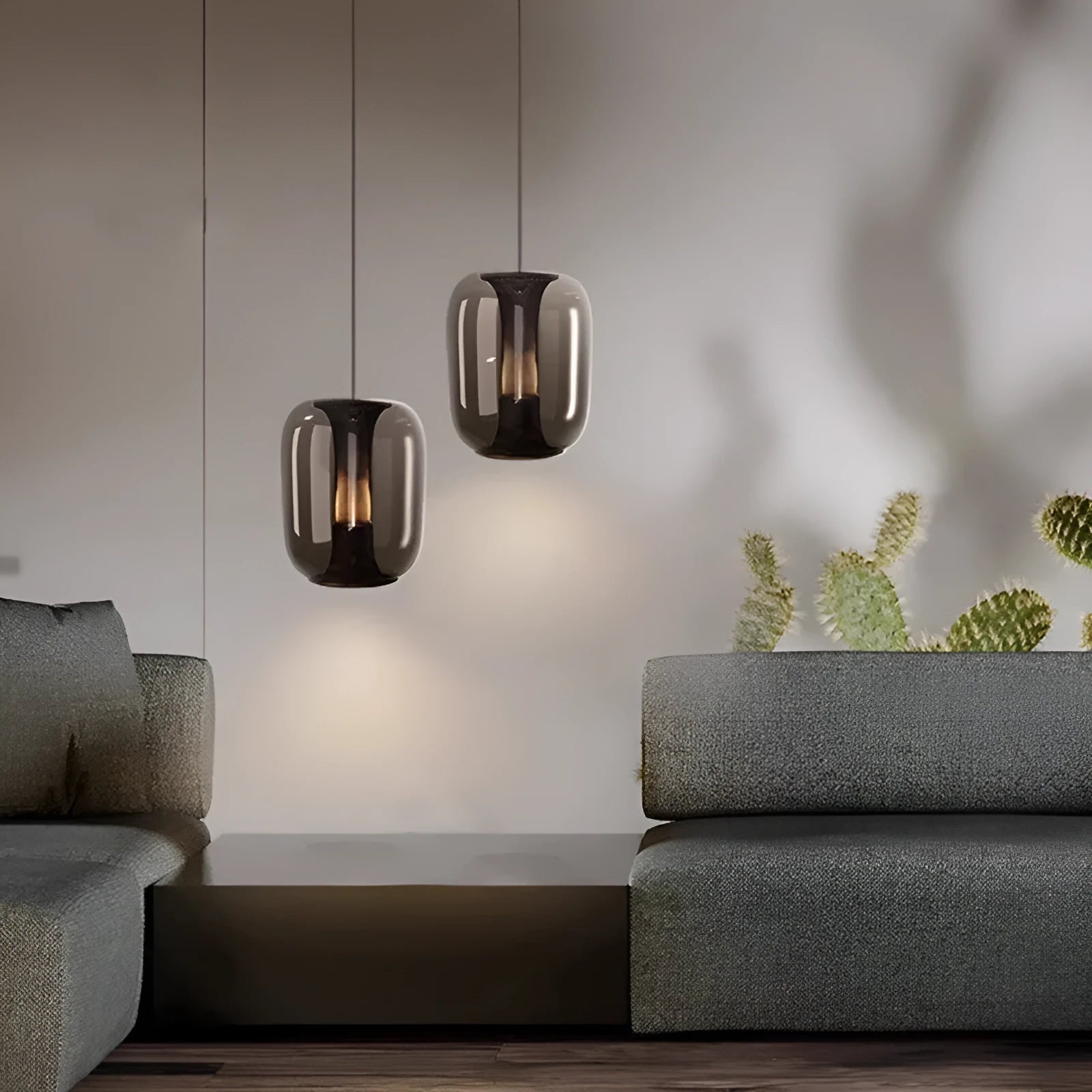 Minimalist glass chandelier in clear, cognac, or smoky grey colour, 16cm diameter.
