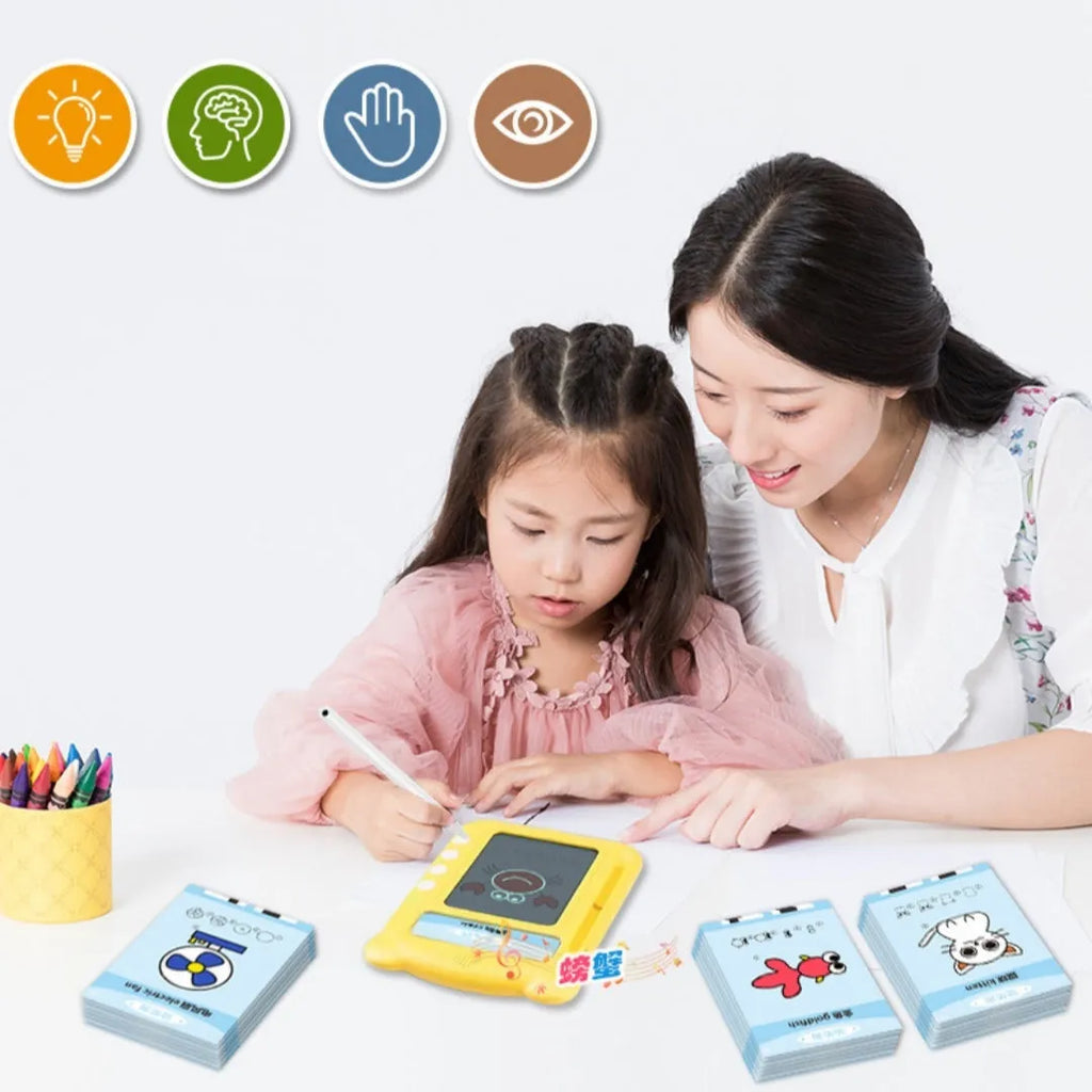 Yellow Creative Stick Figure Early Learning Machine with educational cards for bilingual child development