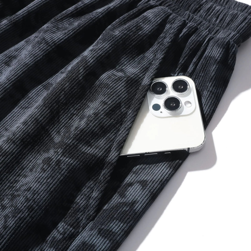 Men's corduroy camouflage pattern athletic shorts in a straight cut high-waist design.