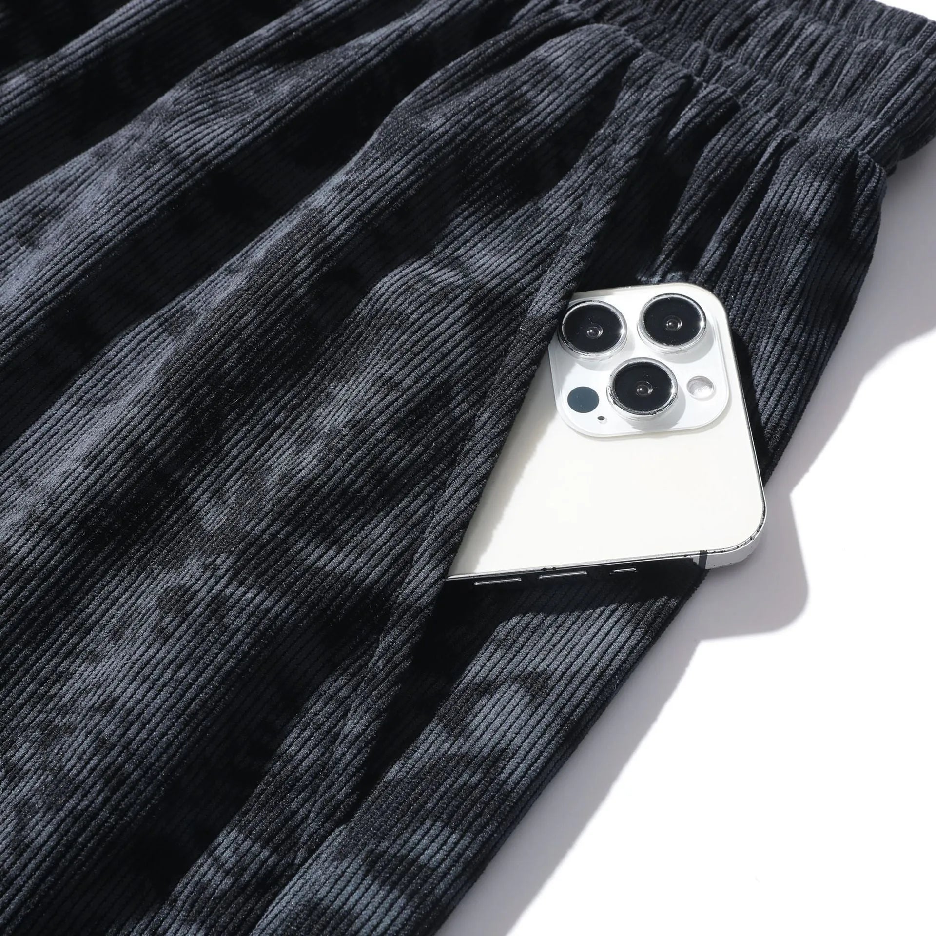 Men's corduroy camouflage pattern athletic shorts in a straight cut high-waist design.