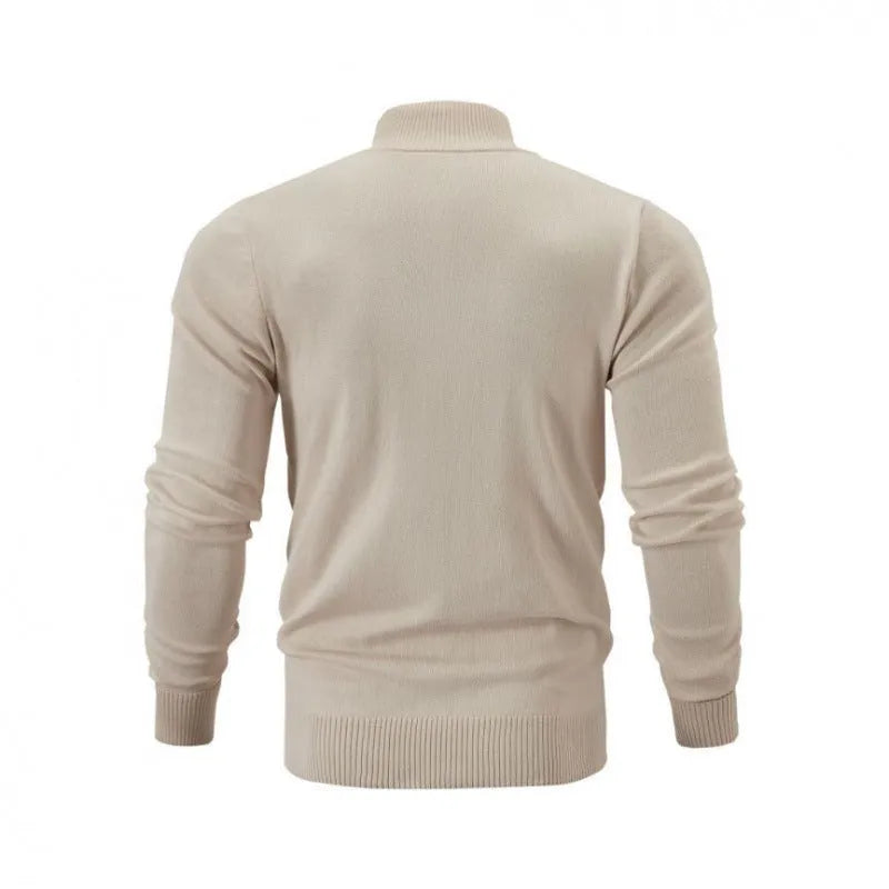 Casual zip-front cotton sweater with a stand collar, shown in a loose fit.