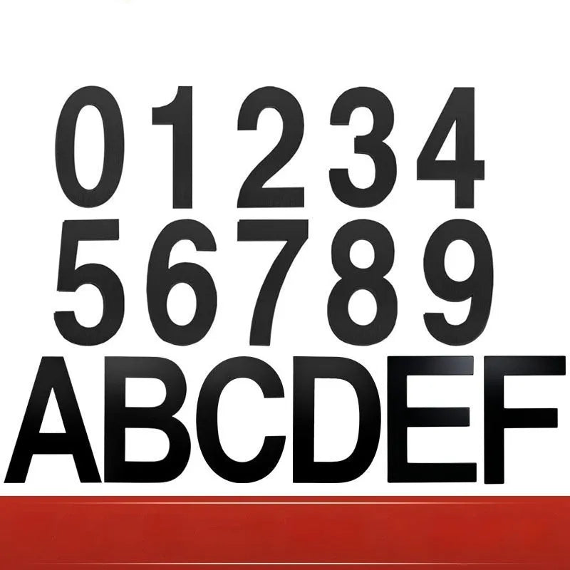 Stainless steel adhesive house number with 7.5cm black characters showing sample numbers and letters