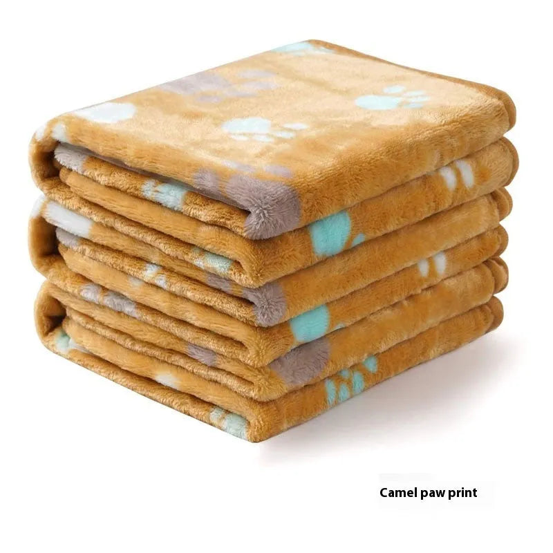 Three flannel coral fleece pet blankets in dark grey, camel, and sky blue stacked together showing size S