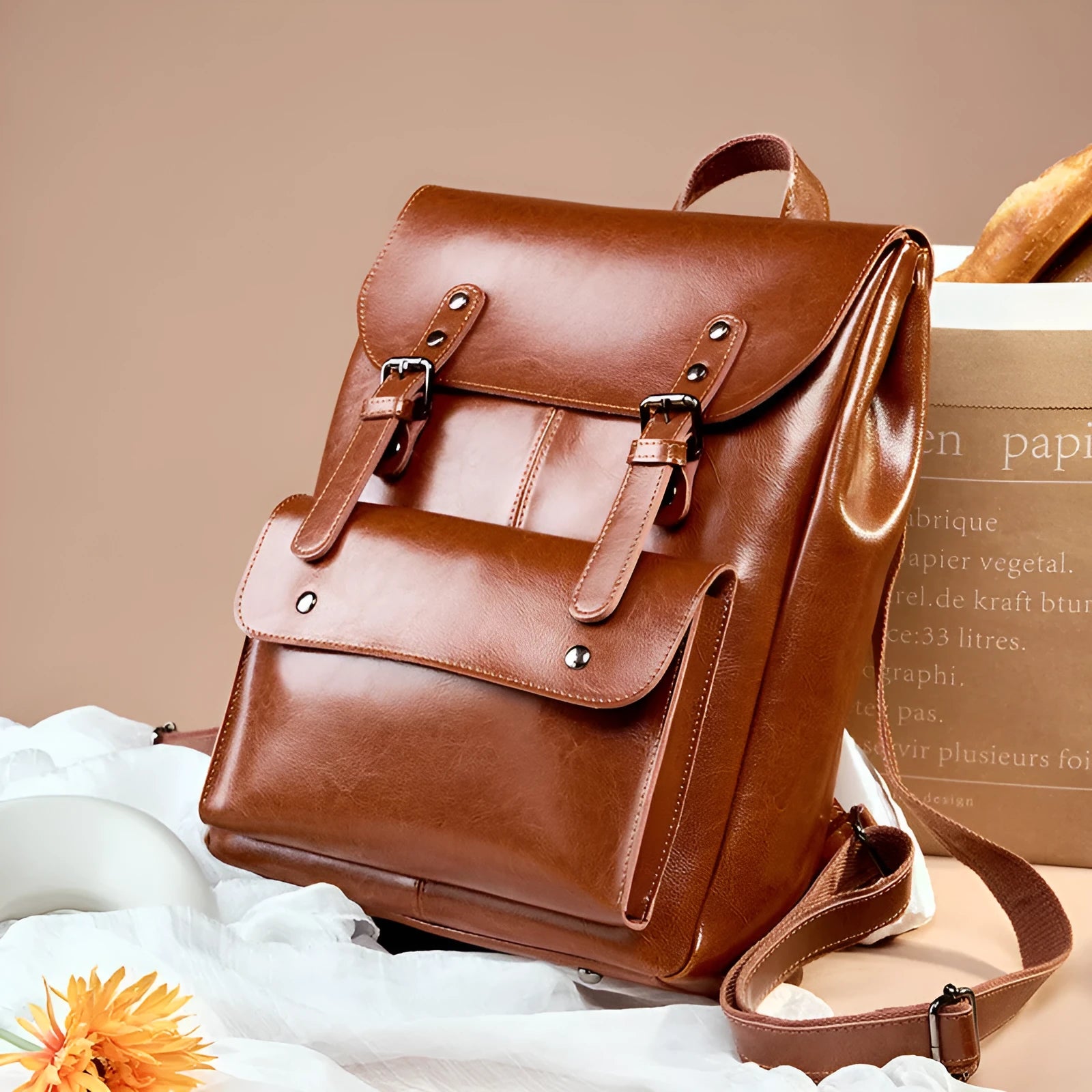 Hard cowhide leather computer backpack in black, brown, or coffee with lining cloth interior