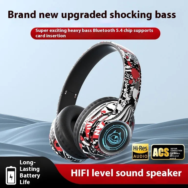Folding Bluetooth gaming headset in black with graffiti design, featuring on-ear cushions and a breathing light