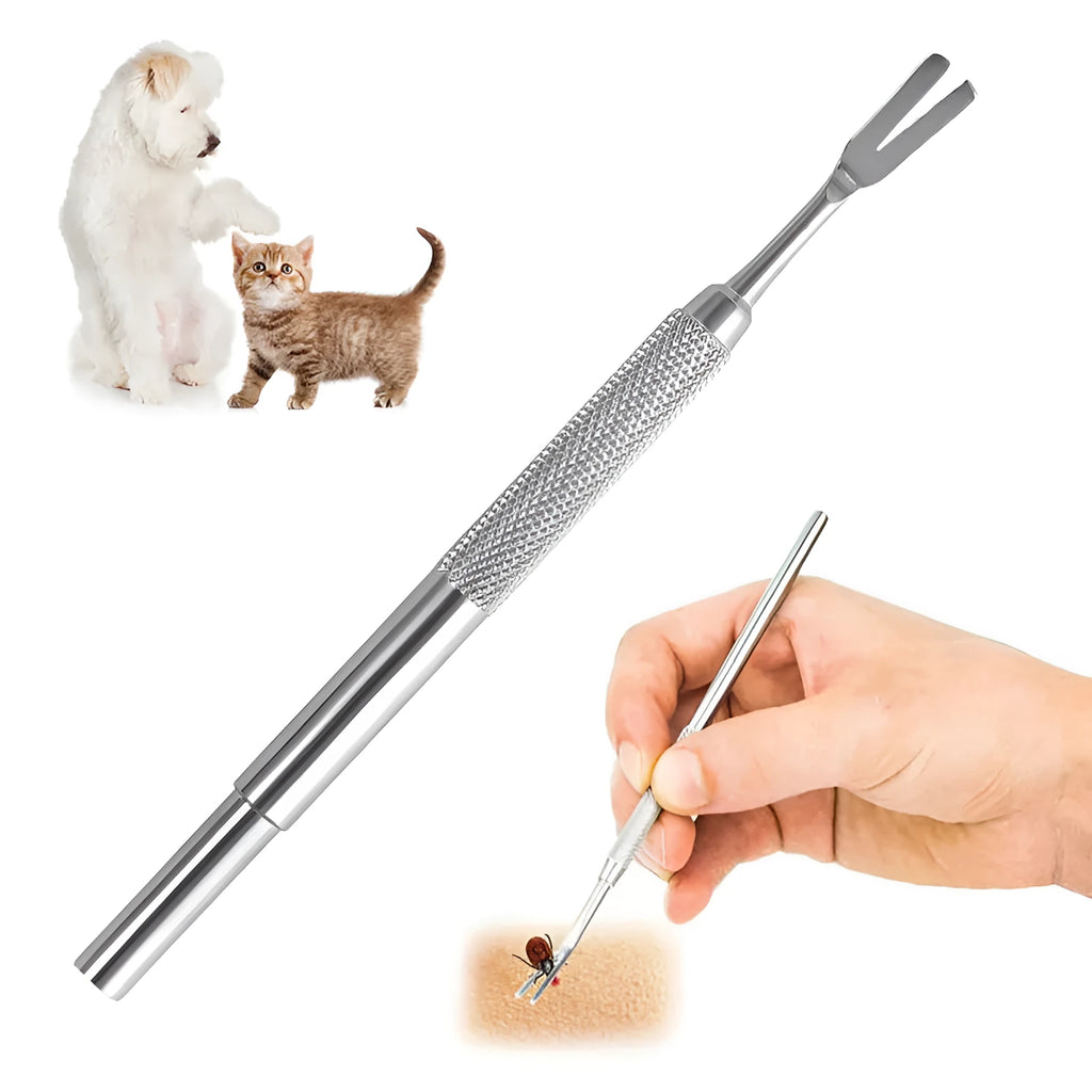 Silver stainless steel tick removal tool with fine precision tips for pets
