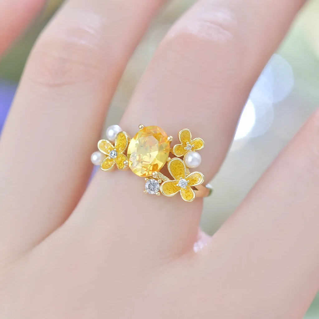 Women's flower pearl zircon open ring in yellow and light purple colours with adjustable metal design