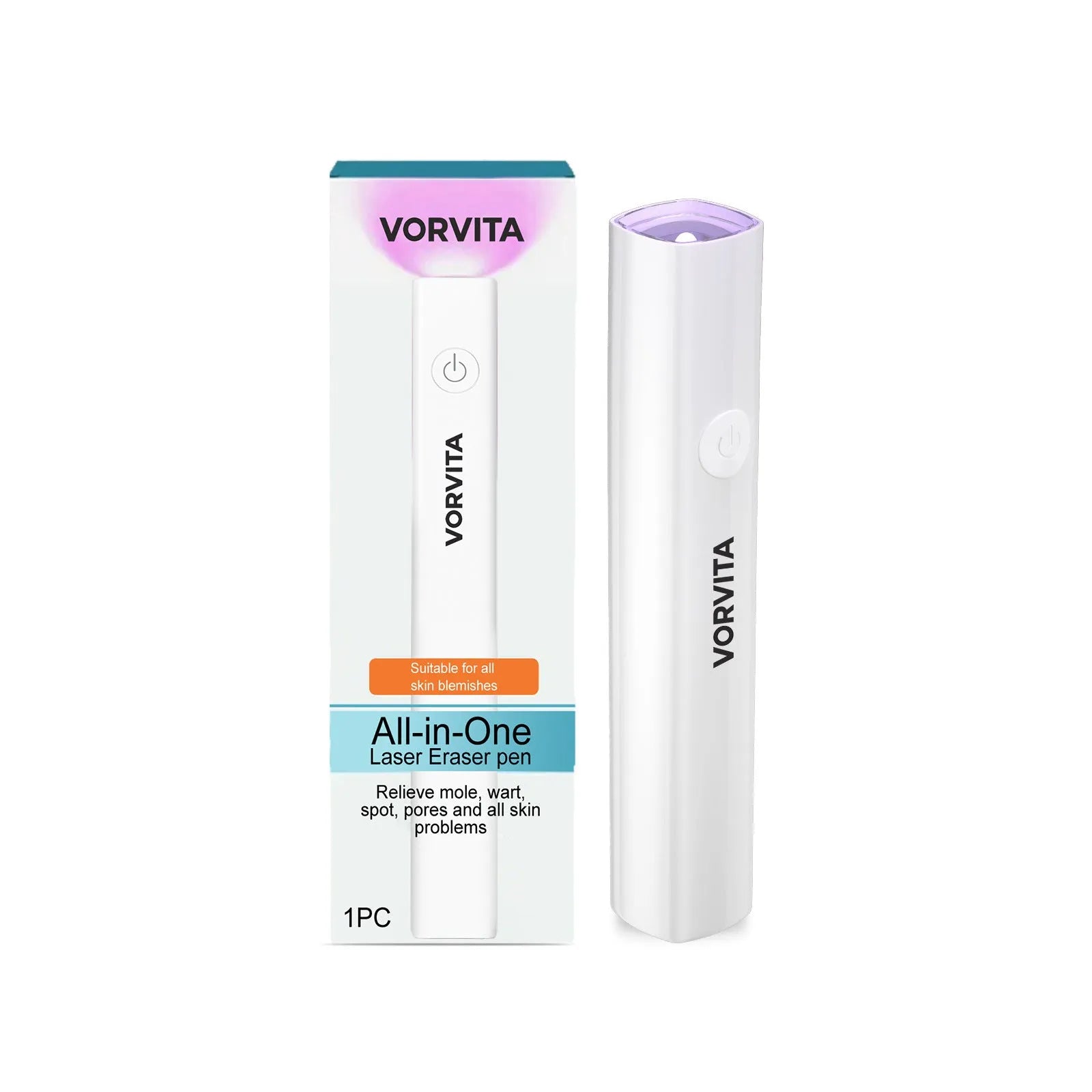 Handheld skin care laser pen with ABS plastic body and data cable on a white background