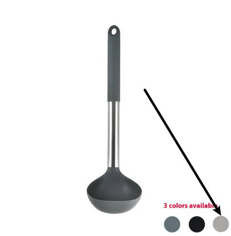 12-piece black silicone kitchen utensil set with tools stored in a rotating countertop storage bucket