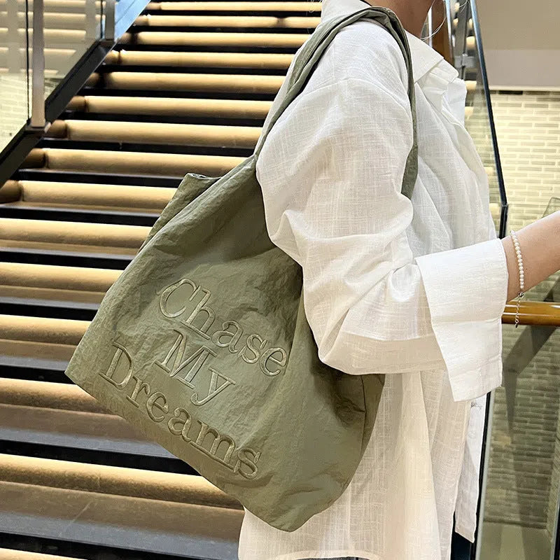Korean-style 3D Letter shoulder bag with minimalist embroidery in nylon, available in four colours