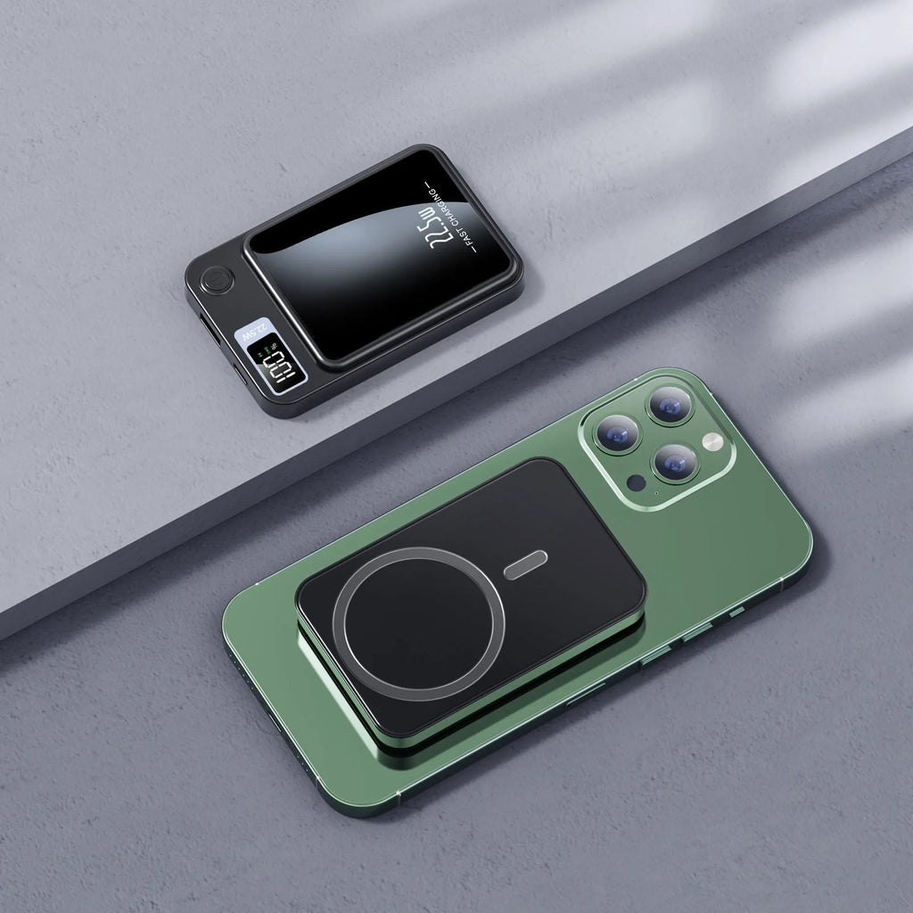 Magsafe wireless power bank in industrial style with plastic shell showing black, green, purple and white colour options