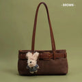 Retro cotton single shoulder tote bag in green with stitching and colour blocking, horizontal square shape, double straps