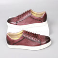 Men's lace-up embossed flat casual leather shoes in brick red with round toe and rubber sole