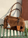 Brown suede large capacity underarm pillow bag with horizontal square shape and zipper closure