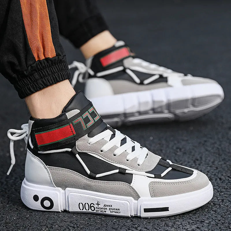 Men's high-top casual sports shoes in white grey or black and red, artificial PU upper, rubber sole, sizes 39-44
