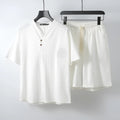 Loose-fitting cotton two-piece set for men with short sleeves and shorts in apricot colour.