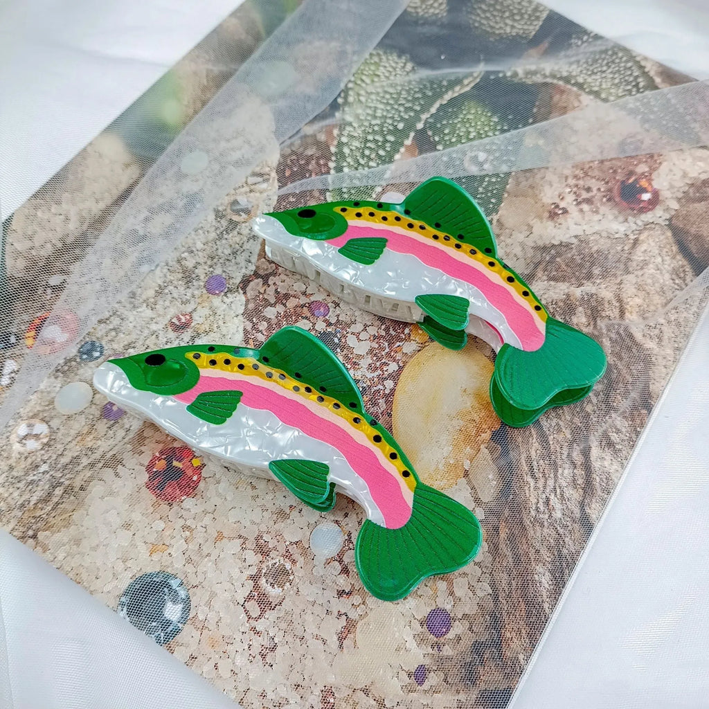 Dark green rainbow trout hair clip with printed carp elements and PVC construction