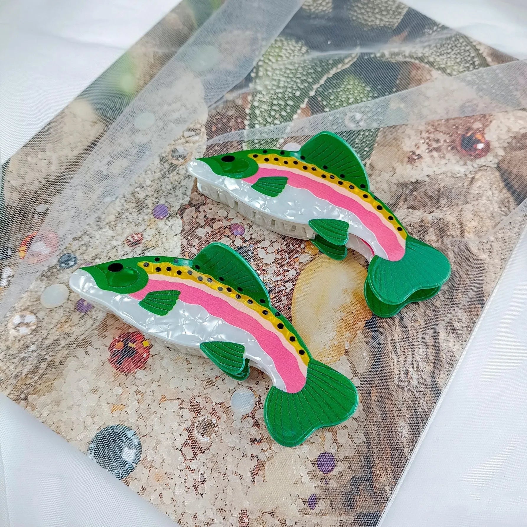 Dark green rainbow trout hair clip with printed carp elements and PVC construction