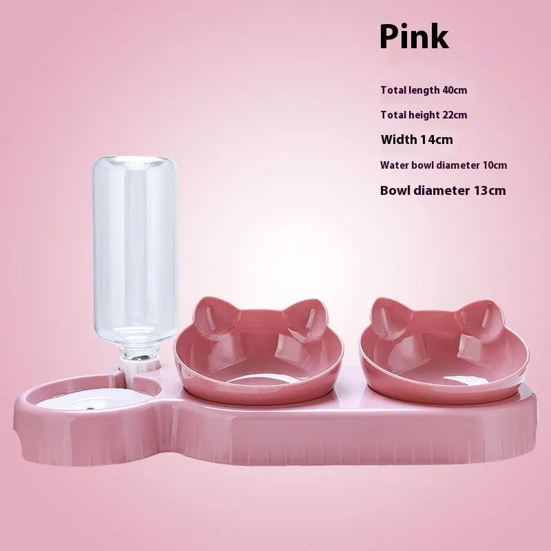 Plastic double-bowl pet feeder with automatic water dispenser in chosen colour.