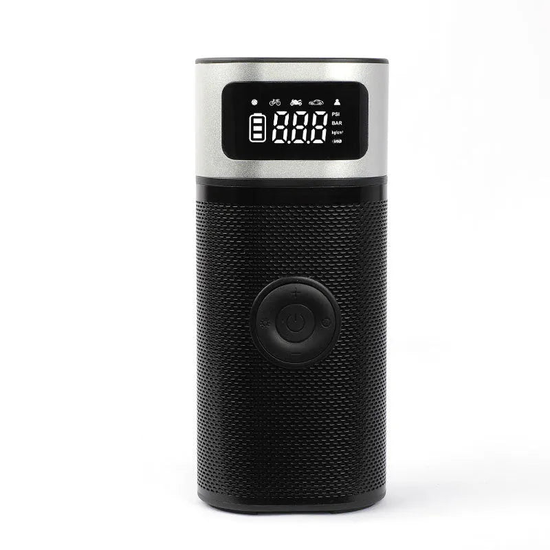 Black portable wireless air pump with LED light, 15cm tube, and accessory nozzles for car, bicycle, and ball inflation