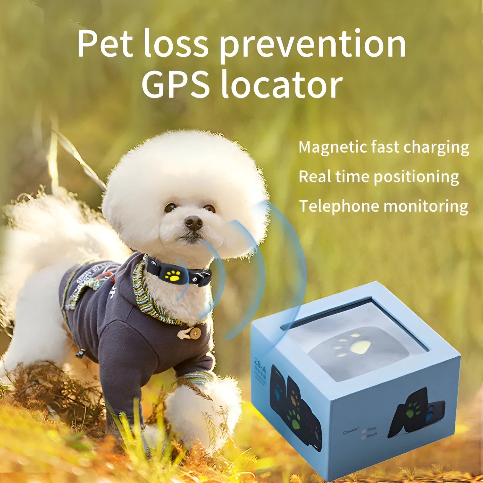 A compact black and yellow waterproof GPS tracker for pets, shown with a dog collar.