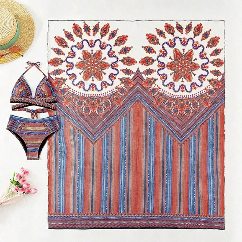 Women's three-piece split swimsuit set in picture colour, showing high-waist briefs, cutout blouse, and a cover-up coat.