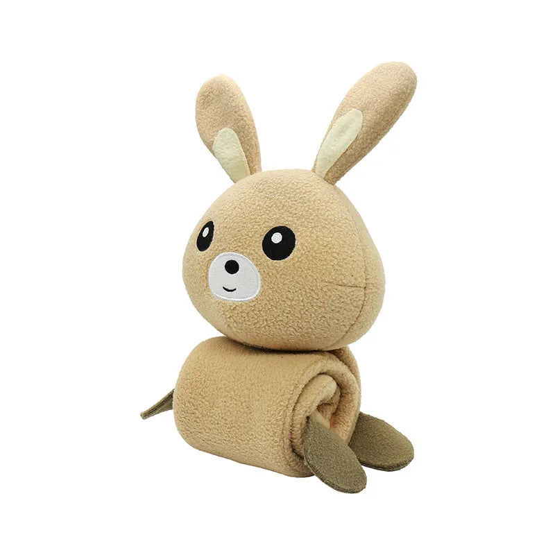 Poached bunny coloured plush dog training toy with food hiding compartments