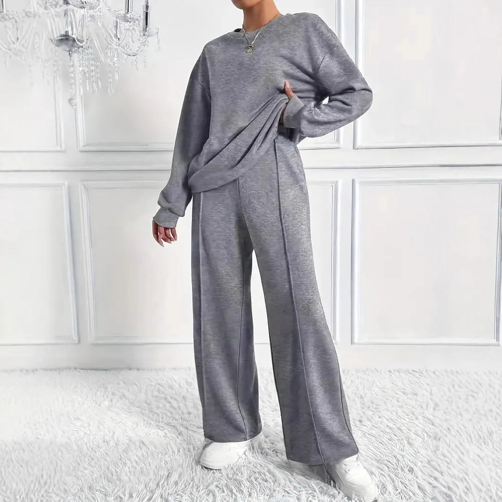 Women's cotton blend casual trousers twinset in solid colour with long sleeves crew neck top, six colours available