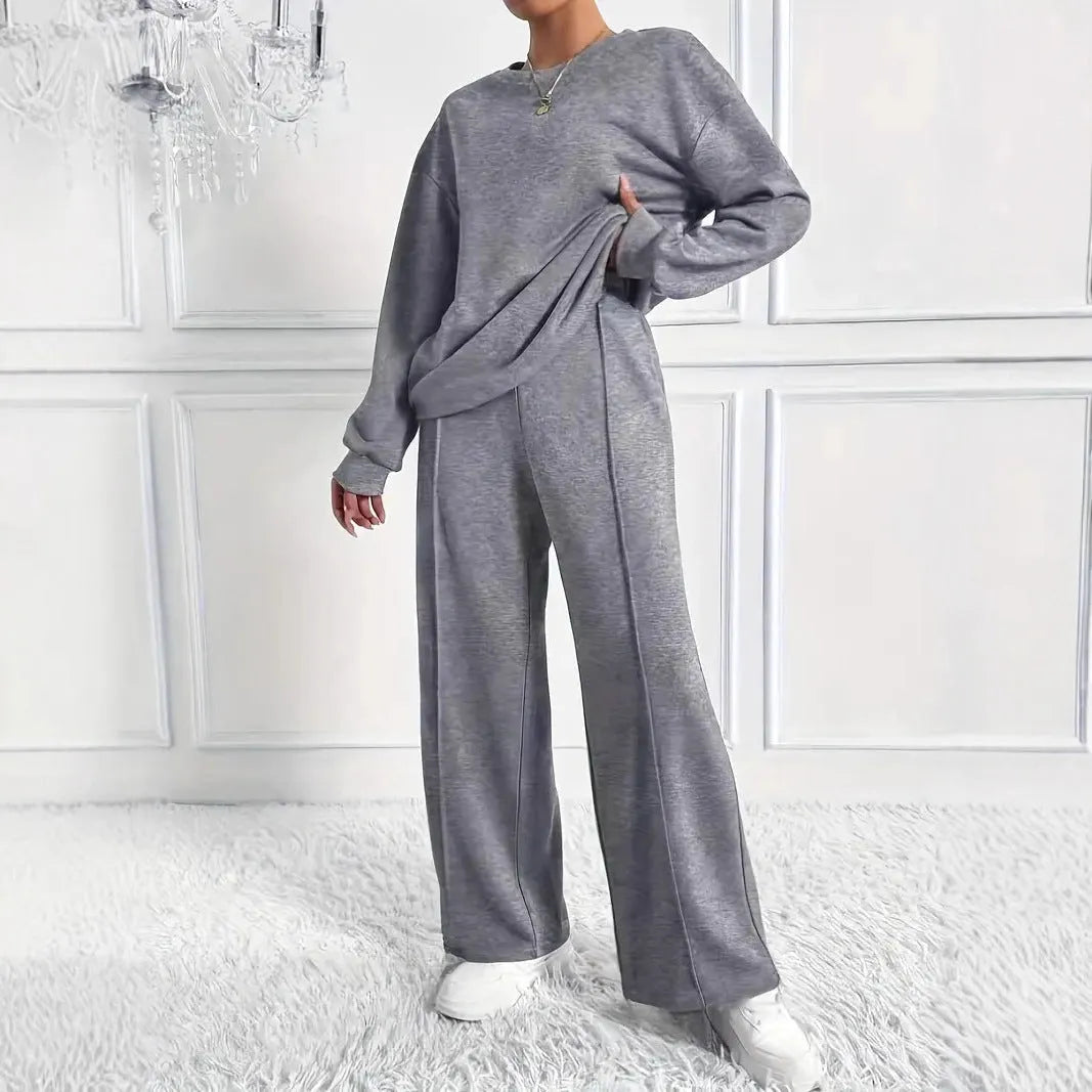 Women's cotton blend casual trousers twinset in solid colour with long sleeves crew neck top, six colours available