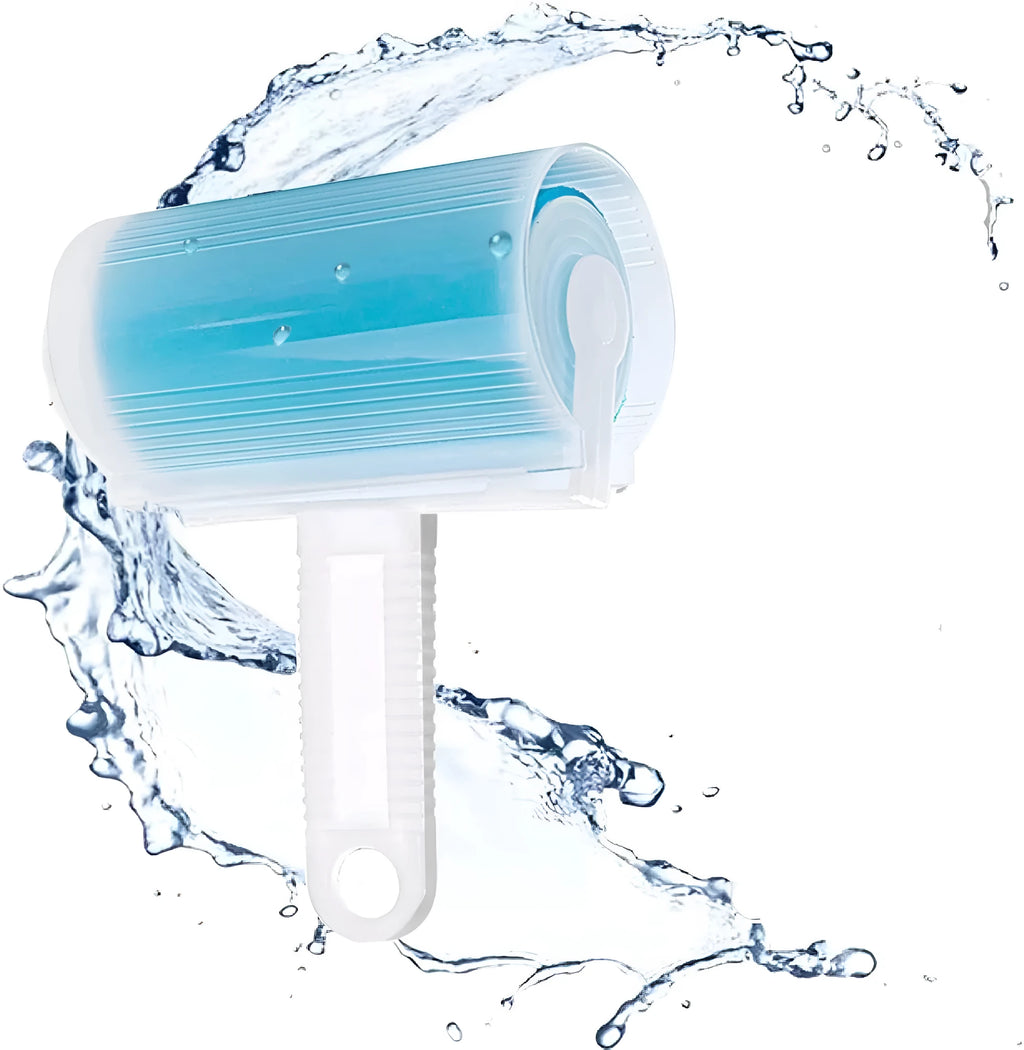 Blue reusable washable lint roller with cover for removing pet hair from clothes.