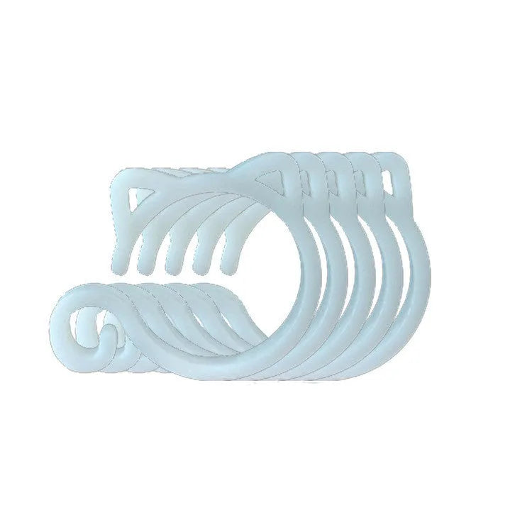 Colourful cat-shaped plastic clip for plants, shown in red, yellow, green, and white options.