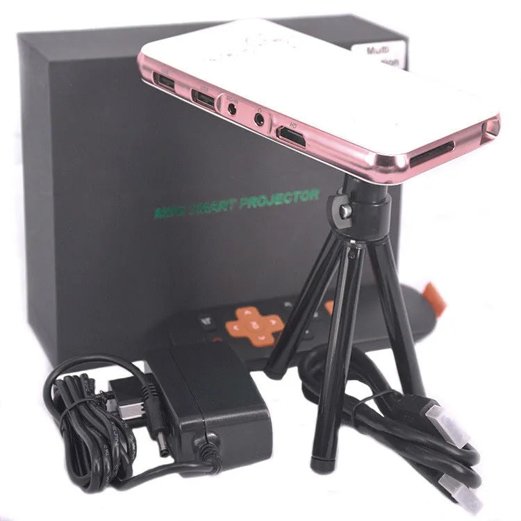 White and rose gold M6S miniature Android DLP projector showing compact size next to a smartphone for scale.